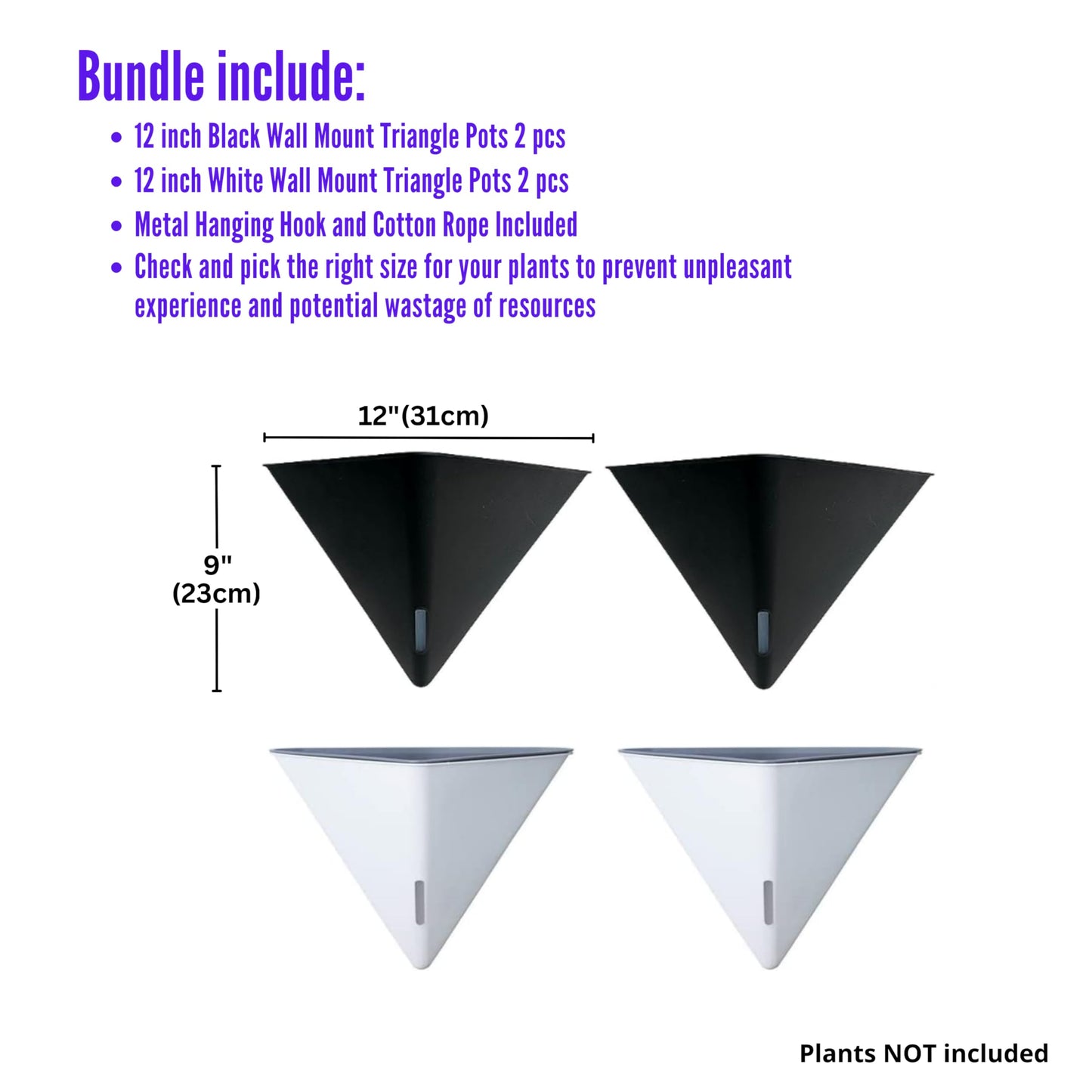 LaLaGreen Bundle - 12" x 2 Pack Black + 12" x 2 Pack White Large Self Watering Geometric Hanging Flower Vase Vessel with Metal Hanger, Modern Stylish Wall Mounted Succulent Pot Holder Decor