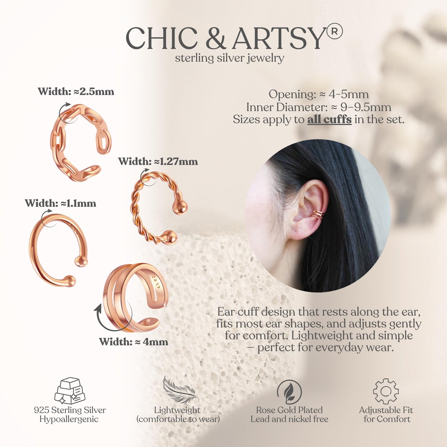 Ear Cuffs 18K Rose Gold Plated 925 Sterling Silver Cuff Earrings for Women Non-Piercing Cartilage Earrings