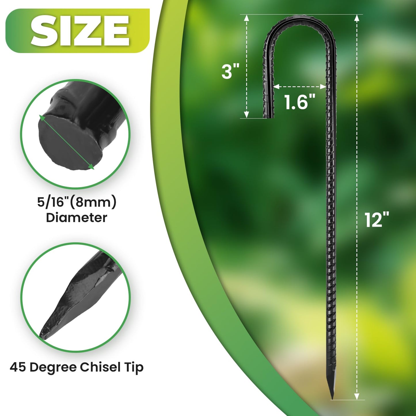 Homwin Ground Stakes 12 inches 18-Pack J Hook Rebar Stakes 5/16" Diameter Tent Stakes Heavy Duty Metal Stakes for Outdoor Decorations, Yard Inflatables and Chain Link Fence