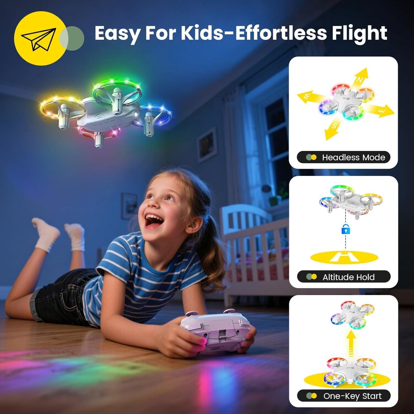 Holy Stone HS180 LED Mini Drone for Kids Beginners, RC Quadcopter with 3 Batteries 21 Min Flight, Easy to Fly, One Key Start, Altitude Hold, 3D Flips, Circle Fly, Headless Mode, Great Easter Gift Toy Drone