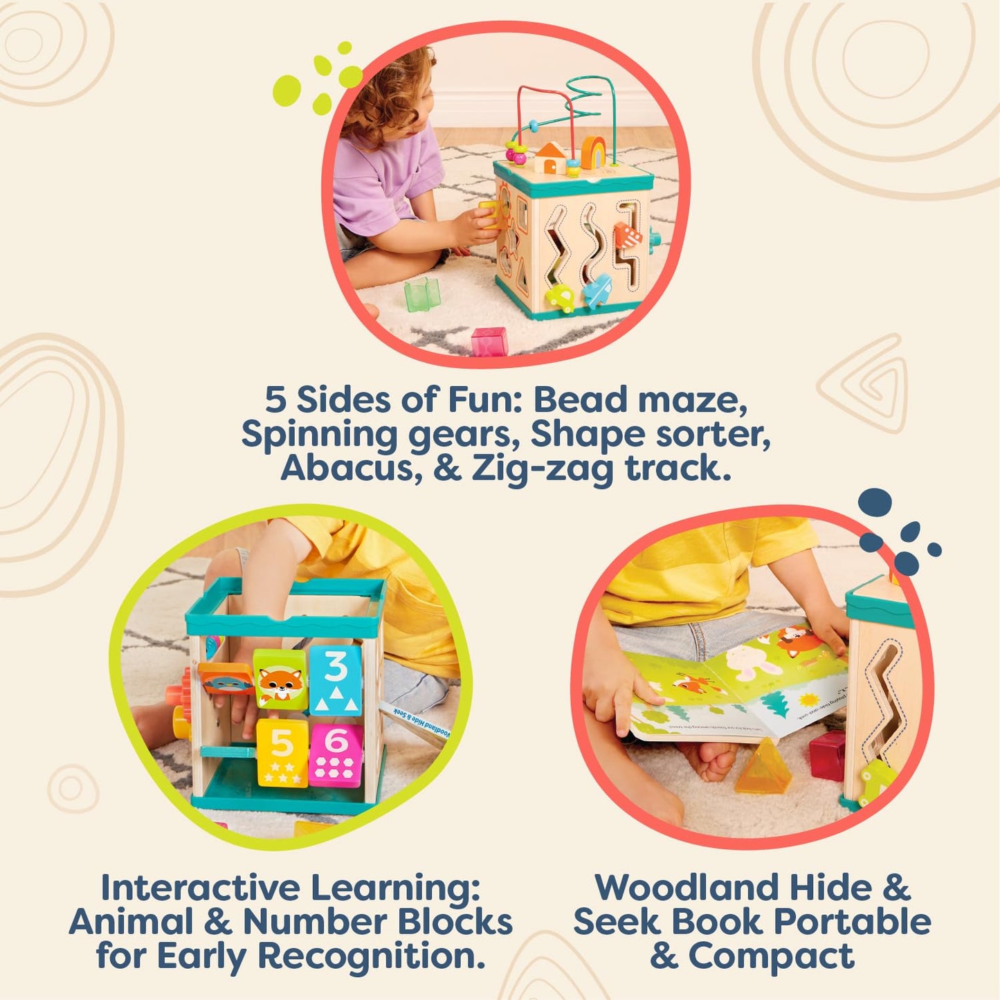 B. toys – Tabletop Activity Cube – Educational Storybook Included – Wooden Shape Sorter, Bead Maze, Animal Tiles – Top Flips for Compact Storage – 12+ Months – Lil' Learning Cube