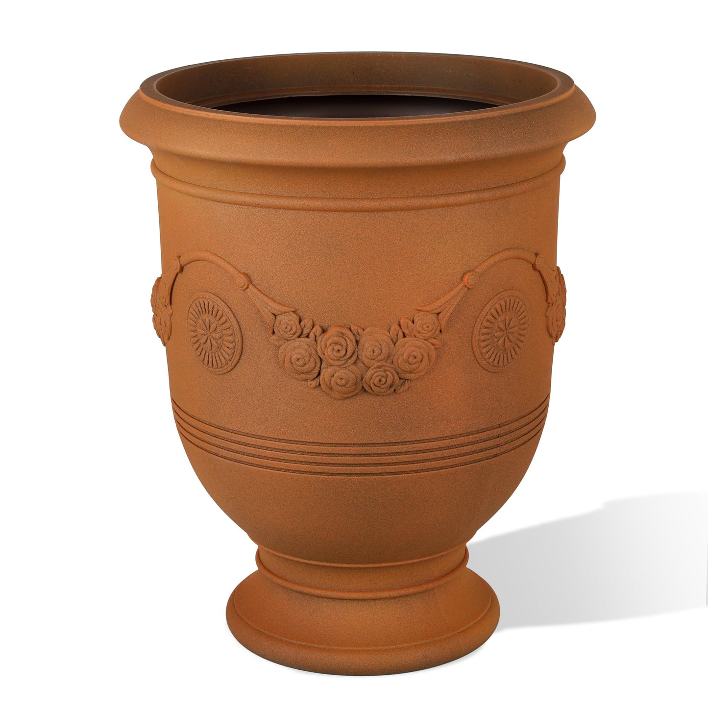 KOL Large Plastic Urn Planter - 16” Dia x 19” H Lightweight Classic Planter Pot with Cement Texture & Drainage Hole, Weather Resistant for Outdoor Plants, Patio, Garden Decor (Rusty)