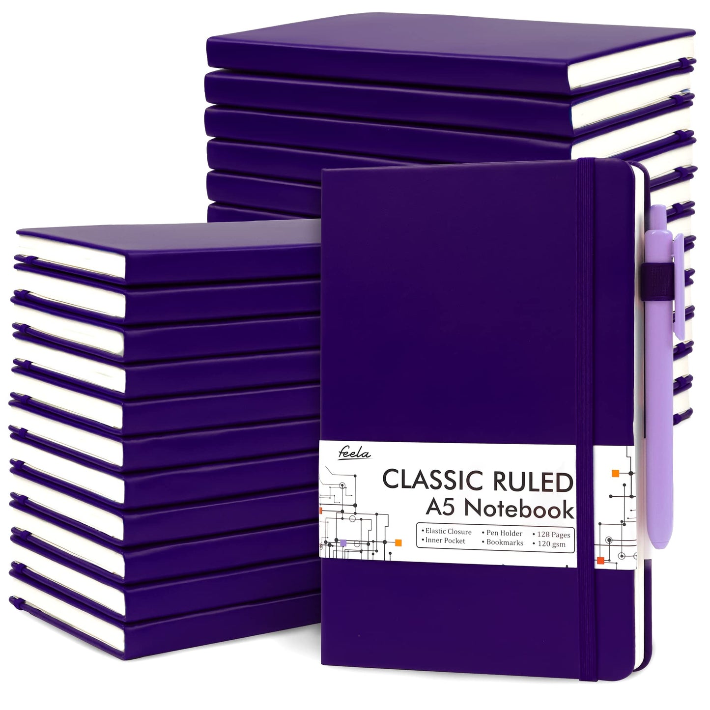 feela 24 Pack Journal Notebook Bulk for Work, Business Notebook Hardcover Lined Writing Journal with Pen Holder for Men Women Note Taking, with 24 Black Pens, 120 GSM, 5.1”x8.3”, A5, Purple