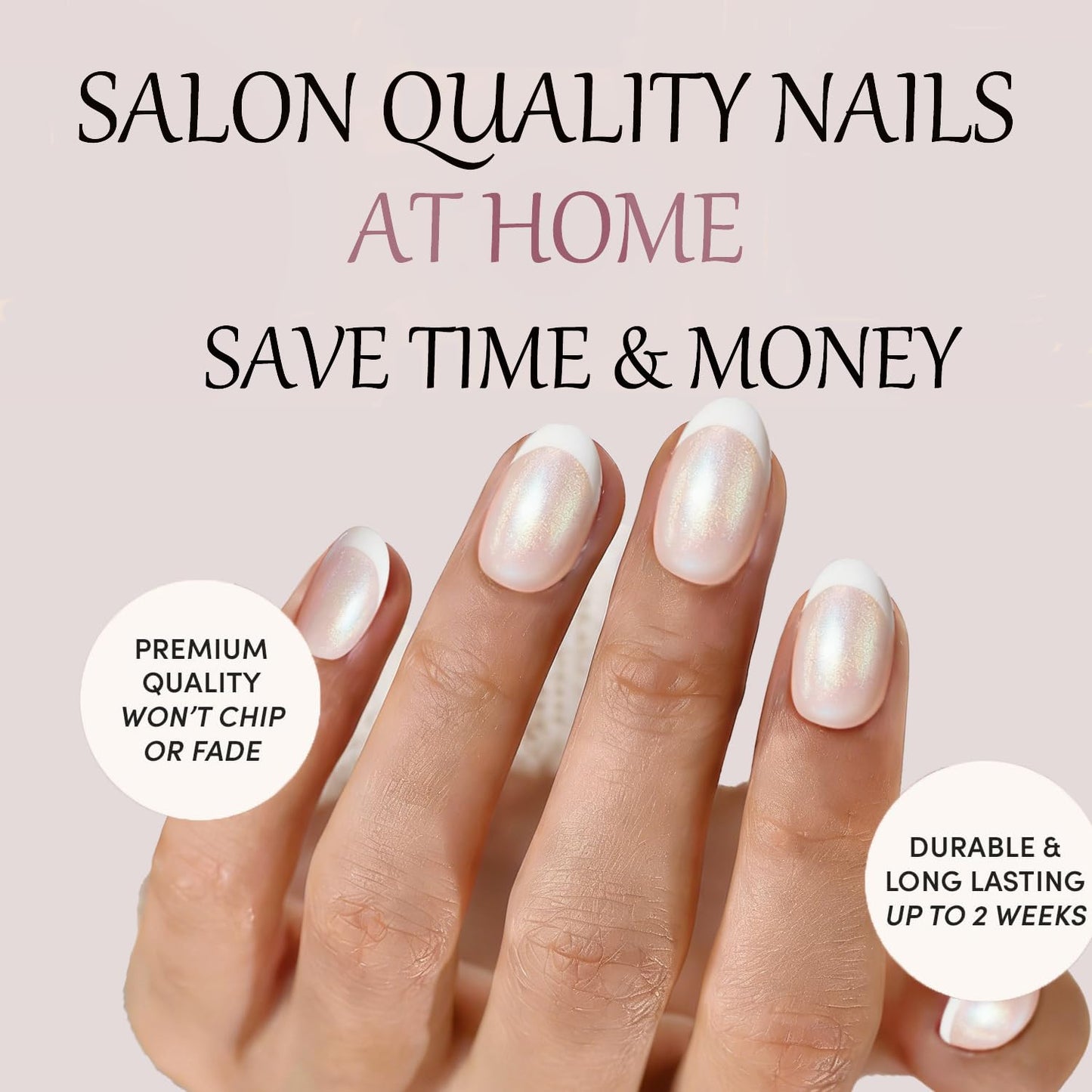 French Tip Press On Nails， Chrome Pearl White Short Reusable Stick On Nails in 12 Sizes - 24 Soft Gel Fake Nail Kit for Women