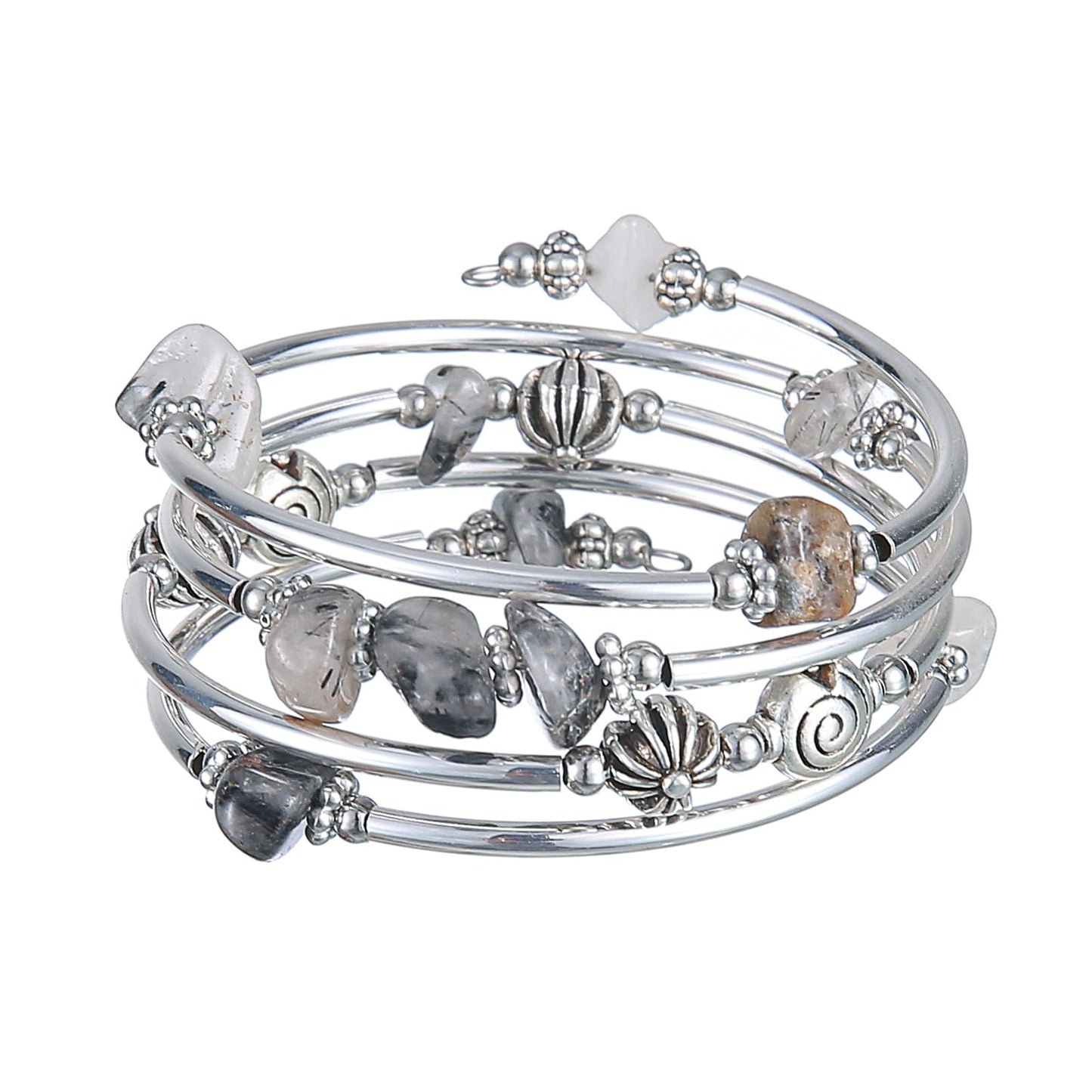FULU AUTUMN Stone Silver Bangle Wrap Bracelet Boho Turquoise Crystal Chips Bead Bracelets Fashion Jewelry Birthday Gifts for Women(19-Grey)