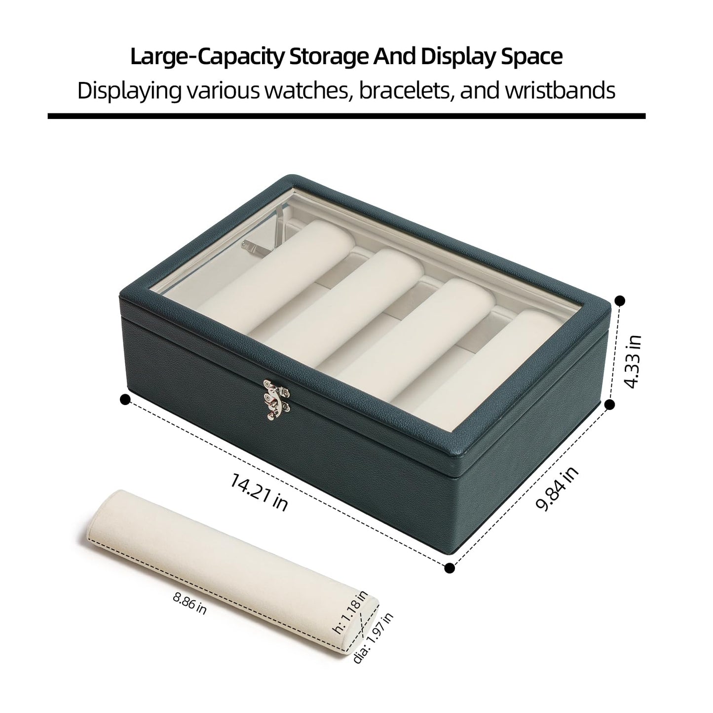 OrizeGe Jewelry Box with Glass Lid Bracelet Holder PU Leather for 4 Rods Beige Velvet Watch Case for Women