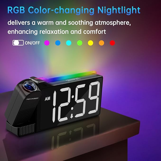 Peakeep Projection Alarm Clock for Bedroom Ceiling with Colorful Nightlight