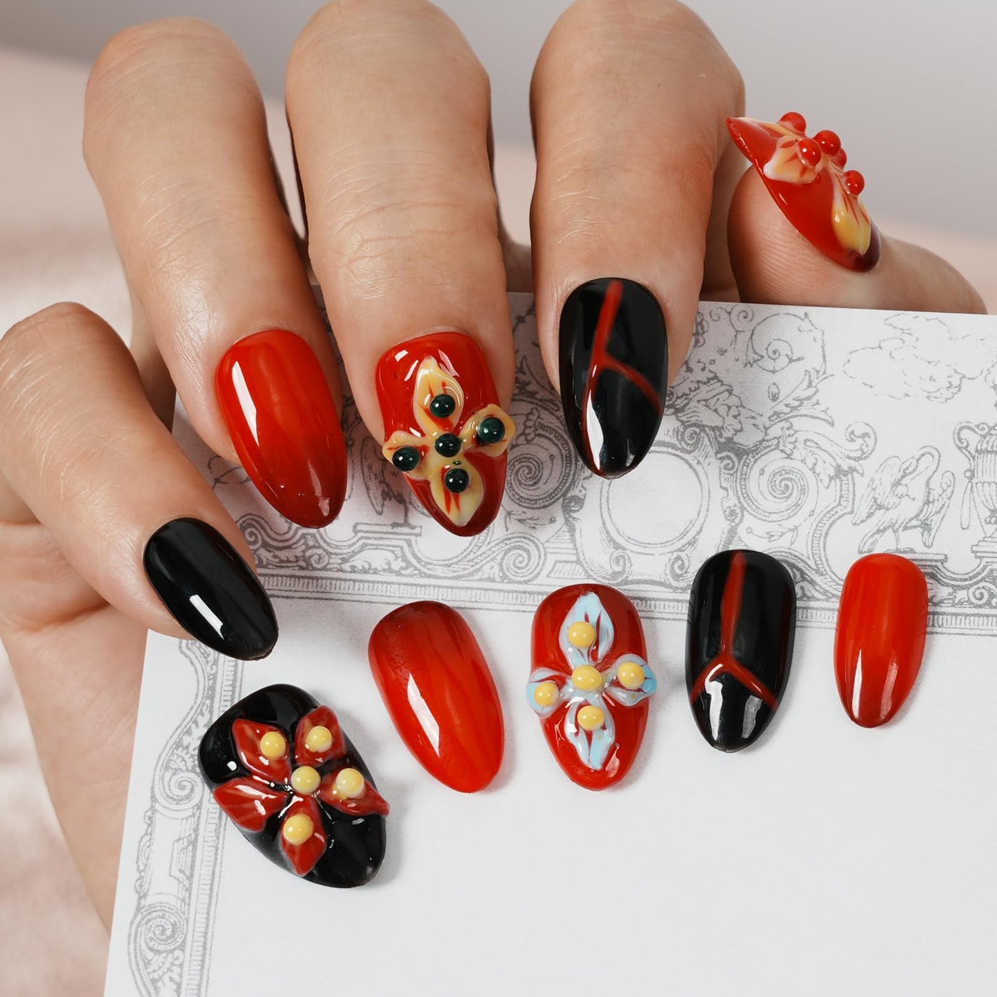 Tesytto Handmade Press on Nails Almond Shape Glossy Reusable False Nails for Nail Art (Crimson Flame Shadow, S)