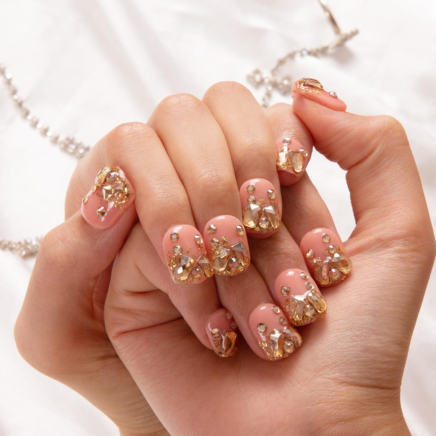 LOVFUL Press on Nails Stardust Gold Rhinestone | Handmade with Full Covered Crystals | Reusable Fake Nails | Square Short 0.8 in | H84-S