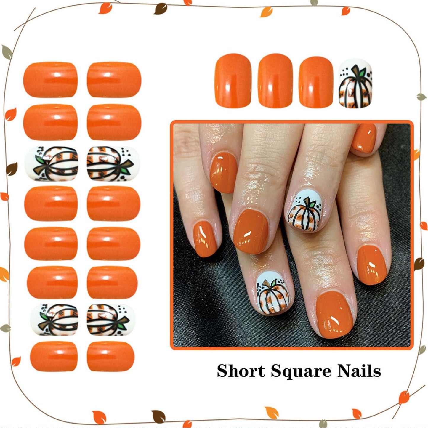 Fall Press on Nails Thanksgiving Glue on Nails Short Square Fake Nail with Cute Pumpkin Design Orange Full Cover False Nail Press ons Artificial Autumn Thanksgiving Manicure Set for Women 24Pcs