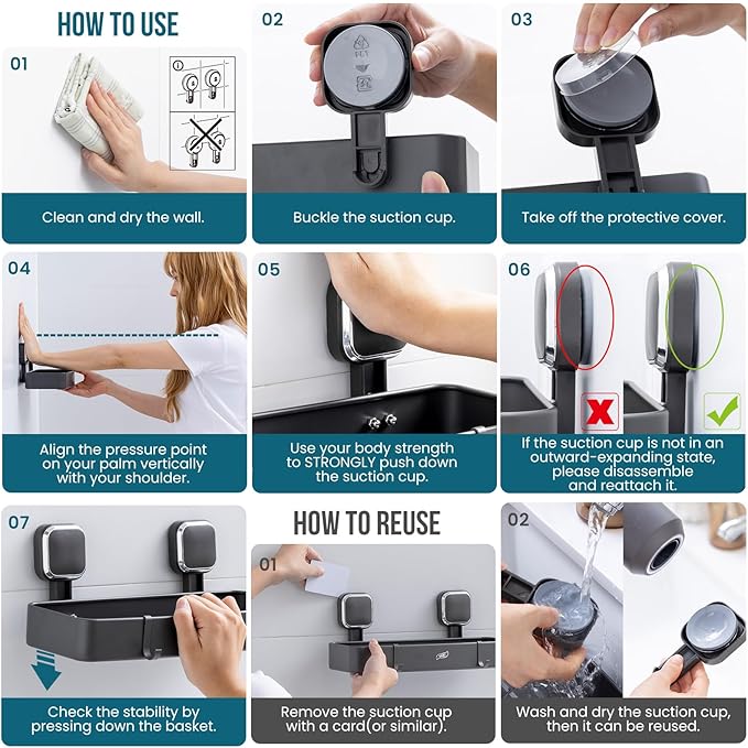 TAILI Shower Caddy Suction Cup, Heavy Duty Shower Organizer for Bathroom, Removable Shelves for Inside Shower, Wall Mounted Aluminum Storage for Bathroom Holder, Dark Gray