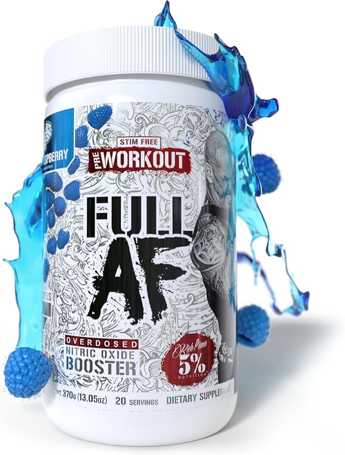 5% Nutrition FullAF Pre-Workout | Stim-Free with Massive Pumps | L-Citrulline, L-Taurine, Nitrosigine, GlycerSize | 13.05 oz (Blue Raspberry)