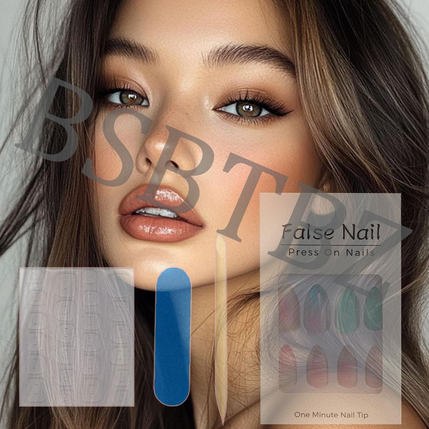 24Pcs Handmade Press on Nails Medium Almond French Tip Fake Nail with Bow Star Gilding Design Blue False Nails Full Cover Artificial Acrylic Rhinestones Nails Sparkling Stick on Nails for Women