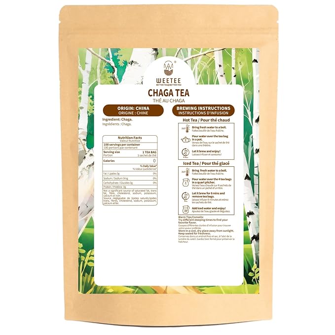 WT WEETEE Chaga Tea Bags 100 Count, 100% Siberian Birch Chaga Mushroom Tea, Caffeine-Free - Rich in Antioxidants