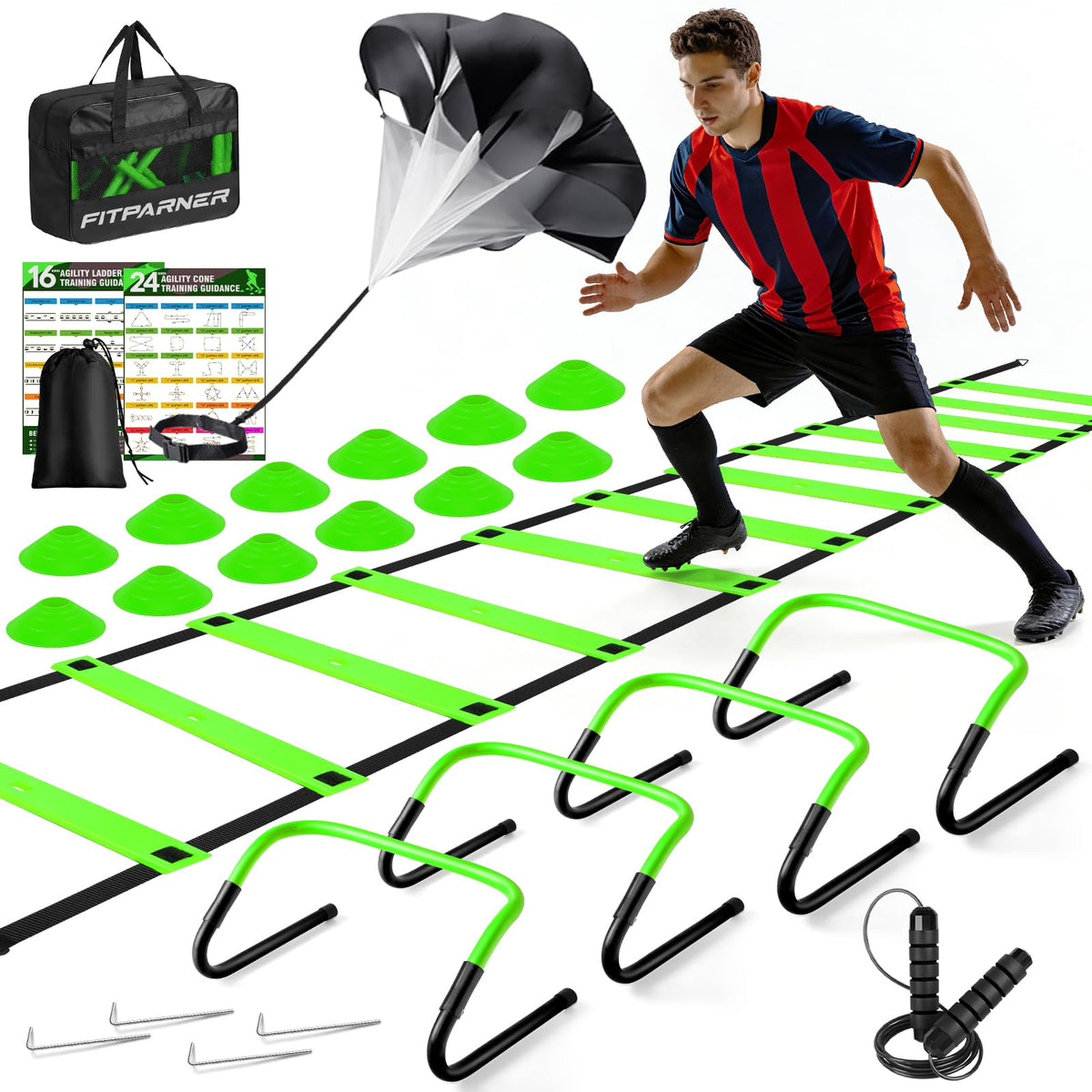 Agility Ladder,Soccer Training Equipment Set-20ft Speed Ladder,12 Soccer Cones,4 Hurdles,Jump Rope,Running Parachute,Basketball Football Agility Training Equipment for Kids, Youth, Adults (Blue)