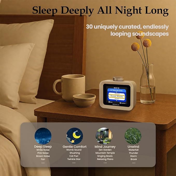 Dekala AuraDot Cute Aalarm Clock Temperature Humidity Monitor, White Noise Sound Machine for Sleep 30 Non-Loop Soothing Sounds, Animationed Sleep Screen, 7-Day Programmable 4 Alarm Clock
