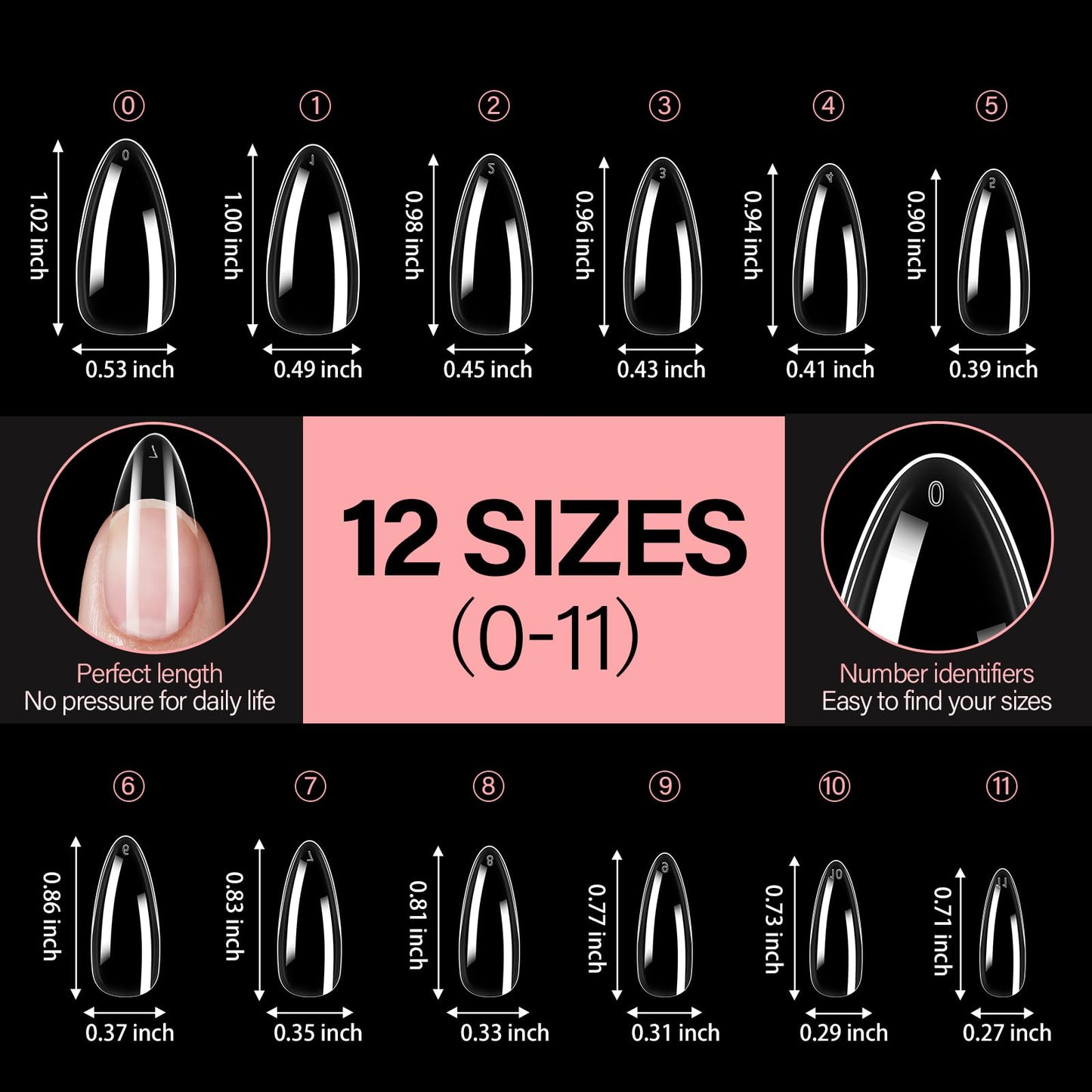 AILLSA Medium Almond Nail Tips Soft Clear Gel Nails Tips Preshaped Full Cover Nails Tip False Gelly Nail Tip for Nails Extension with Storage Box 216pcs 12 Sizes