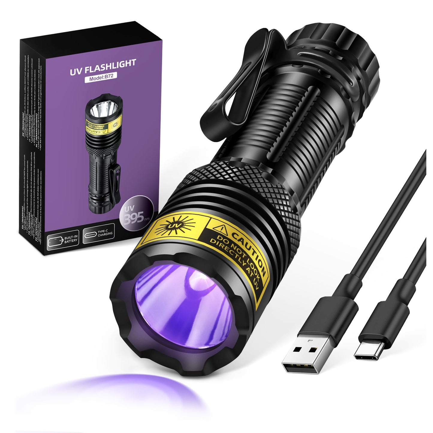 VMTENMV UV Flashlight Black Light, USB-C Rechargeable 395nm Blacklight Mini, Portable Handheld Powerful LED Ultraviolet Lights Flashlights, for Resin Curing, Uranium Glass, Pet Dog Urine Detection