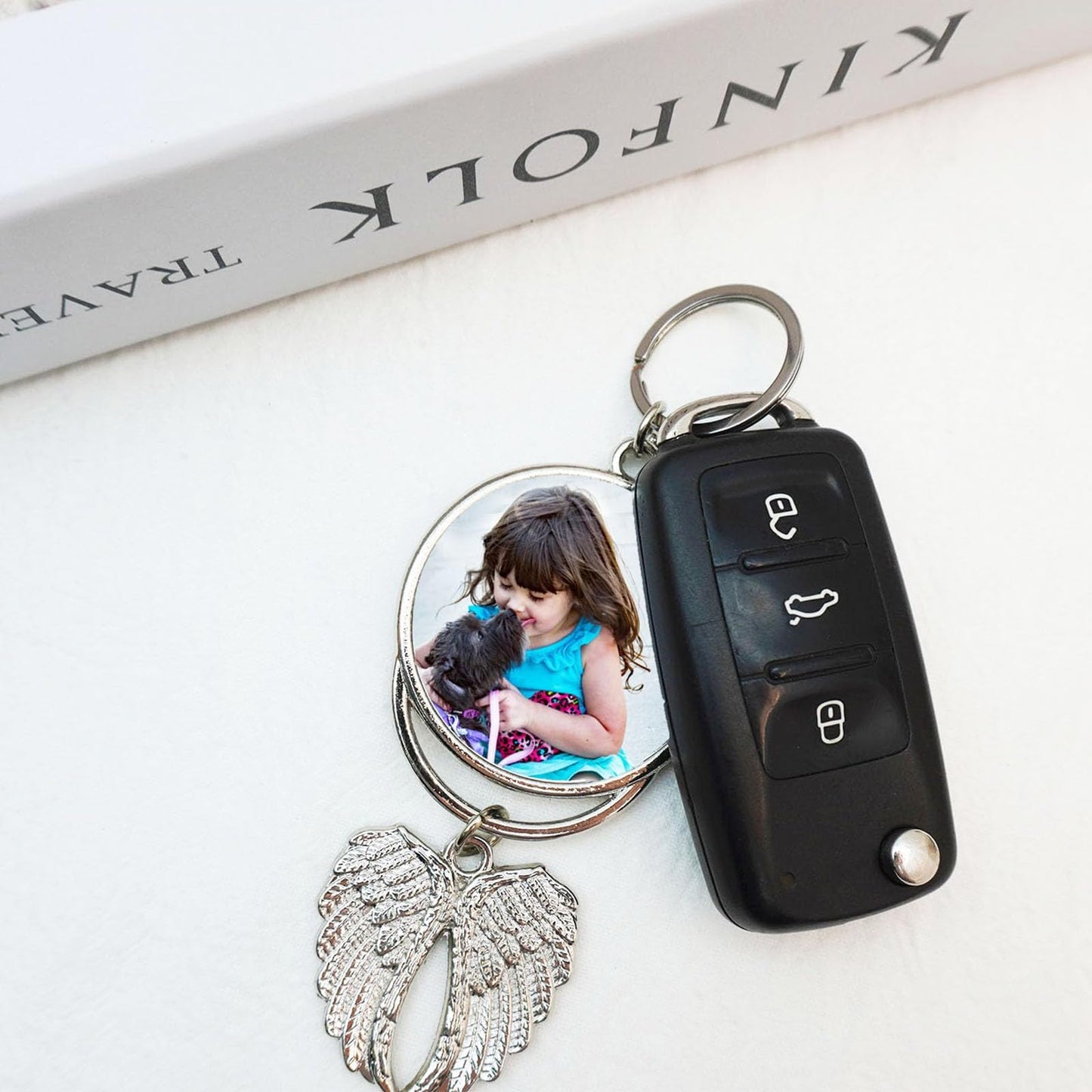 Frinnovan 8 Set Silver Angel Wing Sublimation Blank Car Hanging Ornament Charms Heat Transfer Blank Photo Frame Pendants Customize Keychain for Automobile Rearview Mirror Home Window Ornaments