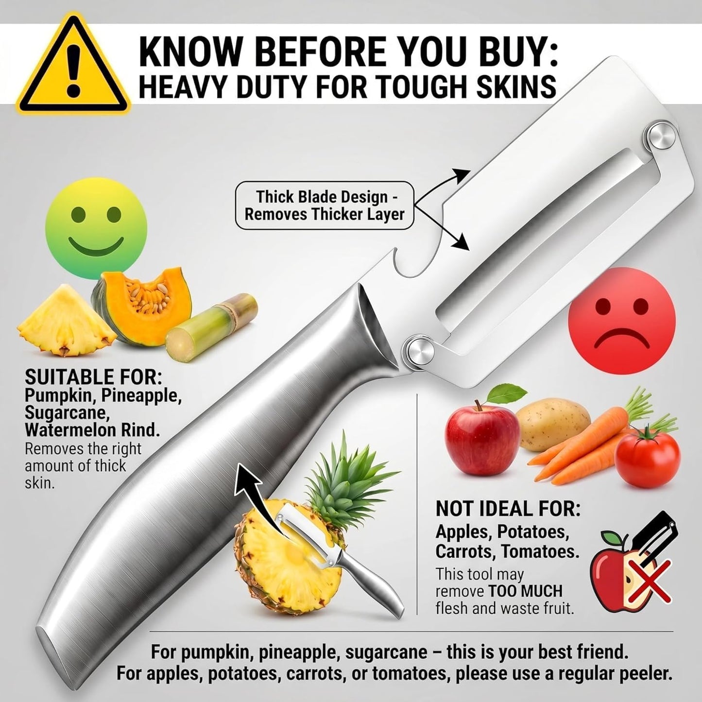 2-in-1 Multifunctional Vegetable Peeler for Kitchen, Heavy Duty Stainless Steel Blade with Wide Arc-Shaped Edge, Premium Fruit and Vegetable Peeler for Butternut Squash Pumpkin Pineapple Sugarcane