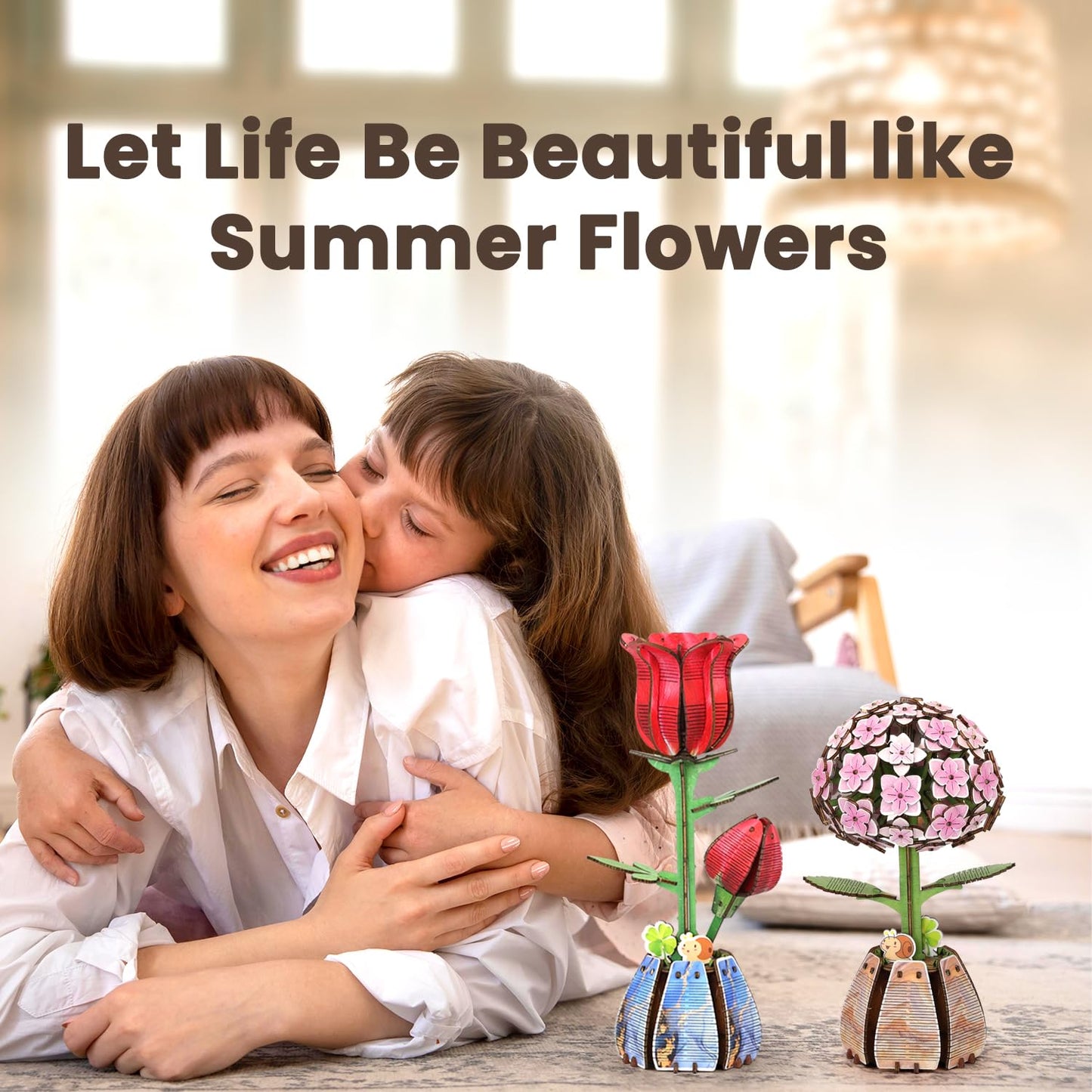 Jege 3D Flower Wooden Puzzles for Adults, DIY Building Set with 2 Flowers, 2 Perfume Bottles & Diffuser Sticks, Creative Craft Gifts & Home Decor (Rose + Hydrangea)