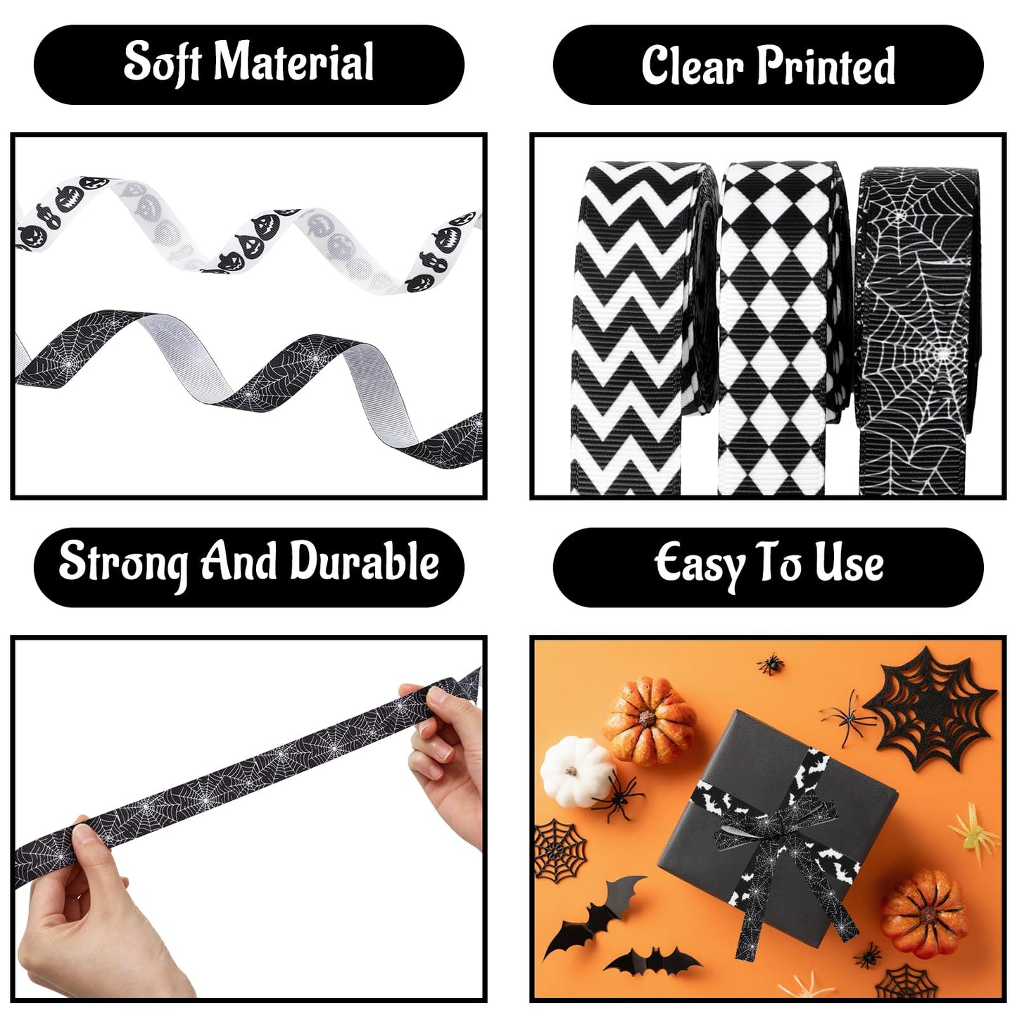 Whaline 6 Rolls Halloween Wired Edge Ribbon Spiderweb Ghost Pumpkin Fabric Ribbon Black White Wrapping Ribbons for DIY Crafts Wreath Bow Making Supplies, 30 Yard