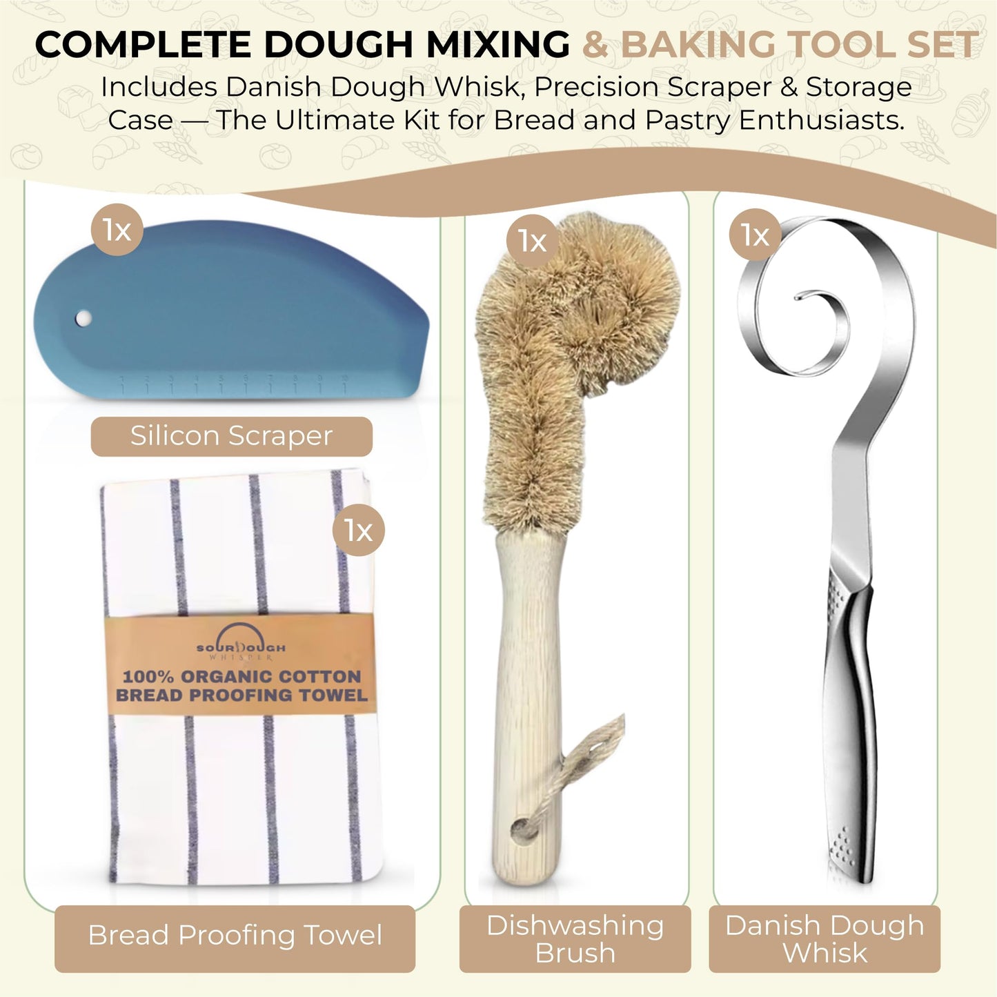 Sourdough Essential Baking Tools Set — Premium Organic Cotton Proofing Tea Towel, Seamless Danish Dough Whisk, Blue Silicone Scraper & Wood Brush (Complete Sourdough Baking & Proofing Kit)