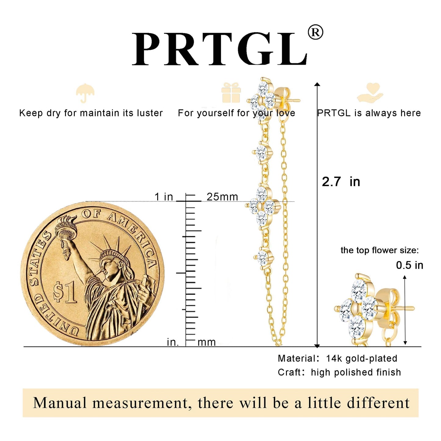 PRTGL Gold Earrings for Women - 14K Gold Plated Clover Tiny Cubic Zirconia CZ Dangle Earrings for Women
