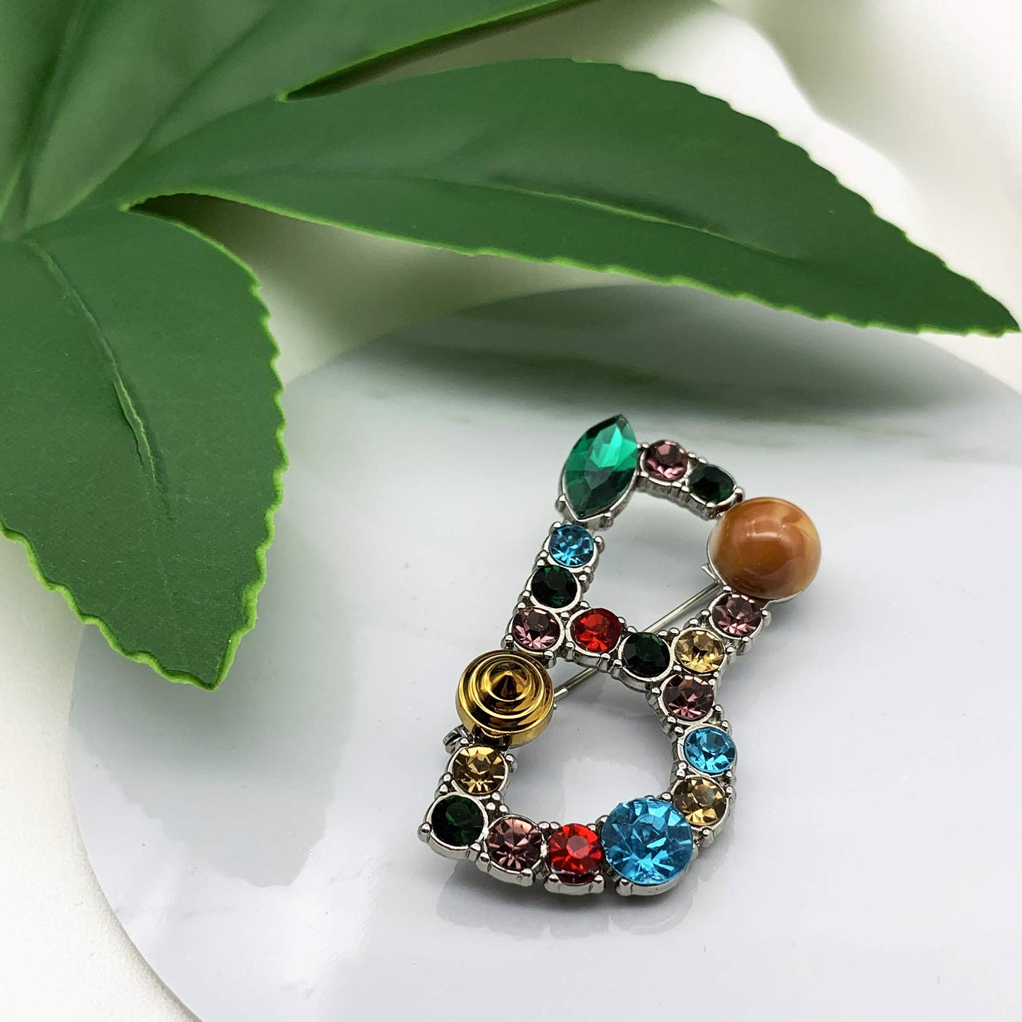 XGALBLA Letters B Plated Metal Stone Clear Colorful Crystal Lapel Pin Brooches Collar(Silver Tone)