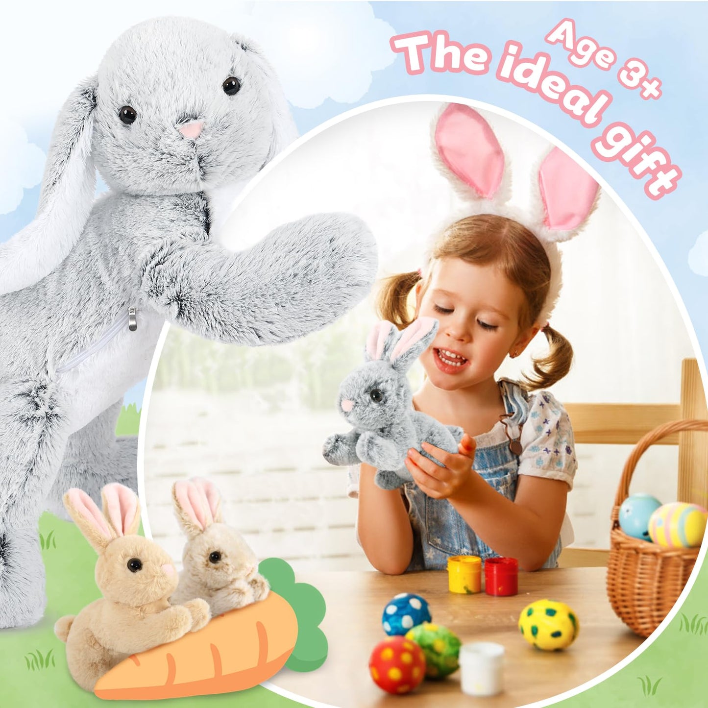 MaoGoLan 4Pcs Easter Bunny Stuffed Animals with 3 Babies Inside, 24" Soft and Cuddly Giant Rabbit Plush, Easter Stuffed Bunny Gift for Kids,Boys,Girls