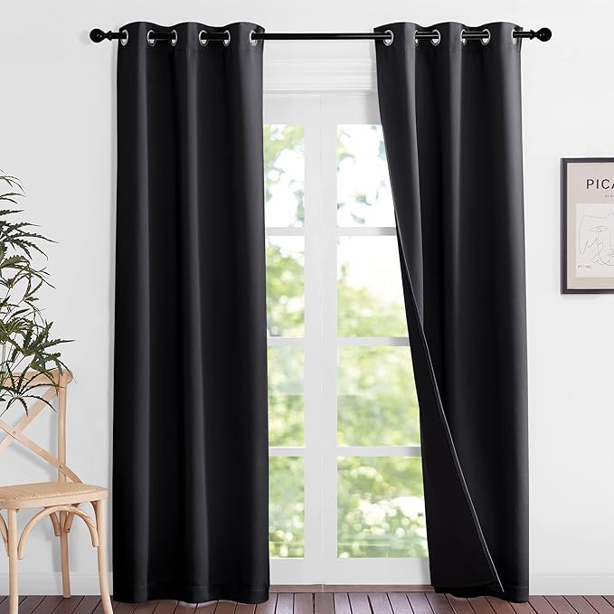 NICETOWN High-End Thermal Kitchen Curtains, Black, 37" Wide Per Panel, Set of 2 Panels, Full Blackout Curtains 80 Inches Long for Dining Room, Soundproof Window Treatment Drapes for Hall Room