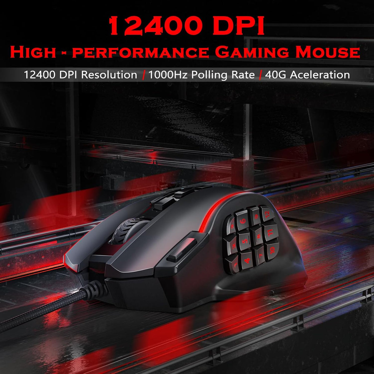 Redragon Gaming Mouse, MMO Mouse Gaming UP 12400 DPI, 19 Macro Programmable Buttons, RGB Mouse with 12 Side Buttons, 8 * 2.4g Weight Tuning for PC Laptop MOBA FPS, M901K, Black