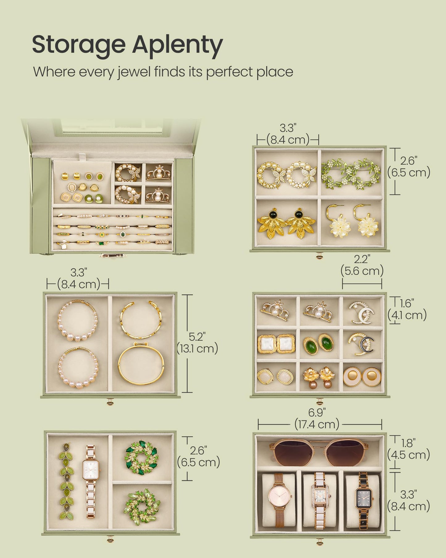 SONGMICS 6-Layer Jewelry Box Organizer with 5 Drawers, Jewelry Storage Case with Lock and Mirror, Large Storage Capacity, Gift for Loved Ones, for Necklaces, Watches, Sage Green UJBC152CE01S