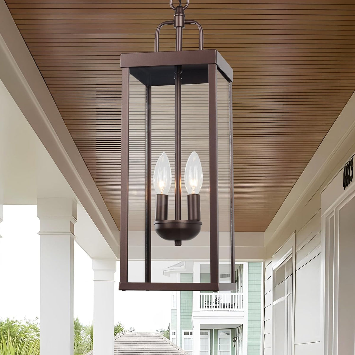 Large Outdoor Pendant Lantern Light Fixture for Front Porch, 20 Inch 2-Light Bronze Exterior Hanging Chandelier with Clear Glass, Outdoor Indoor Pendant Lamp for Patio, Gazebo, RZ008M-H ORB