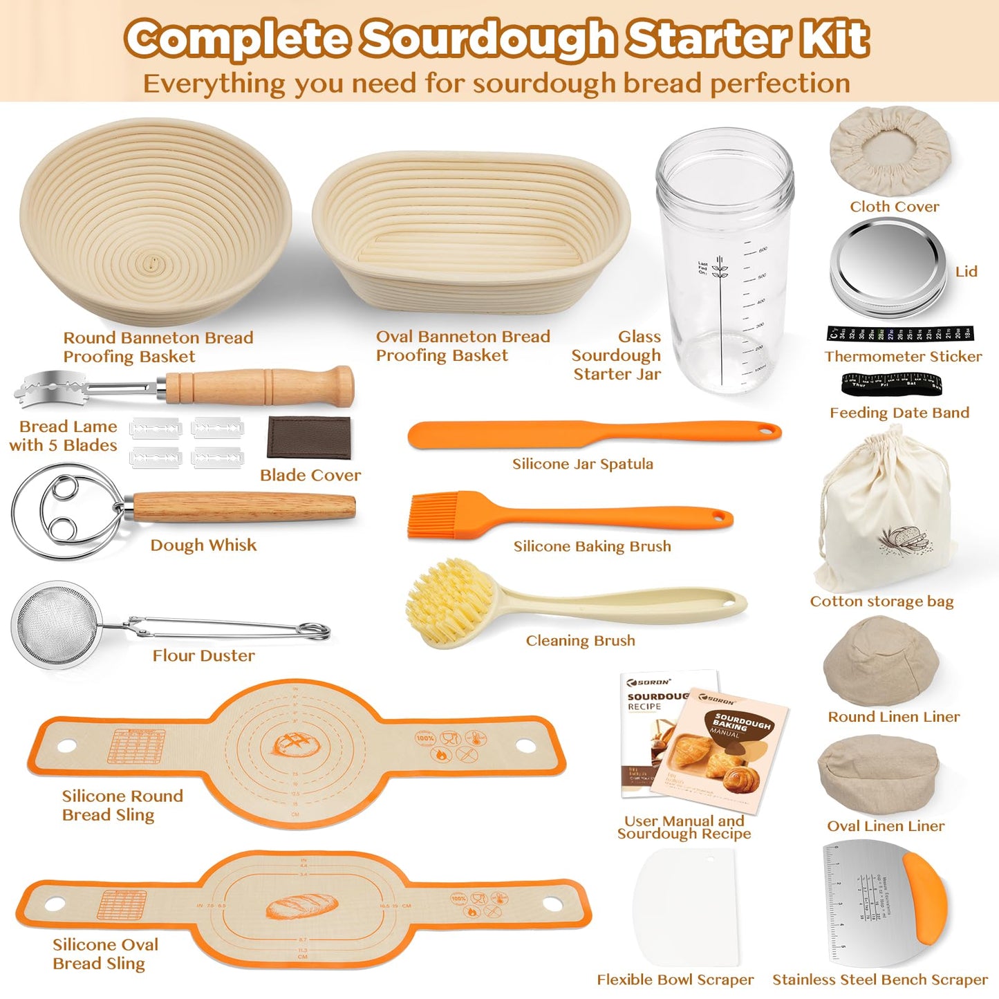 SORON Sourdough Starter Kit, Banneton Bread Proofing Basket with Glass Sour Dough Starter Jar, Sourdough Bread Baking Supplies Tools, 9" Round & 10" Oval Banneton Baskets, Gift Set for Homemade Making