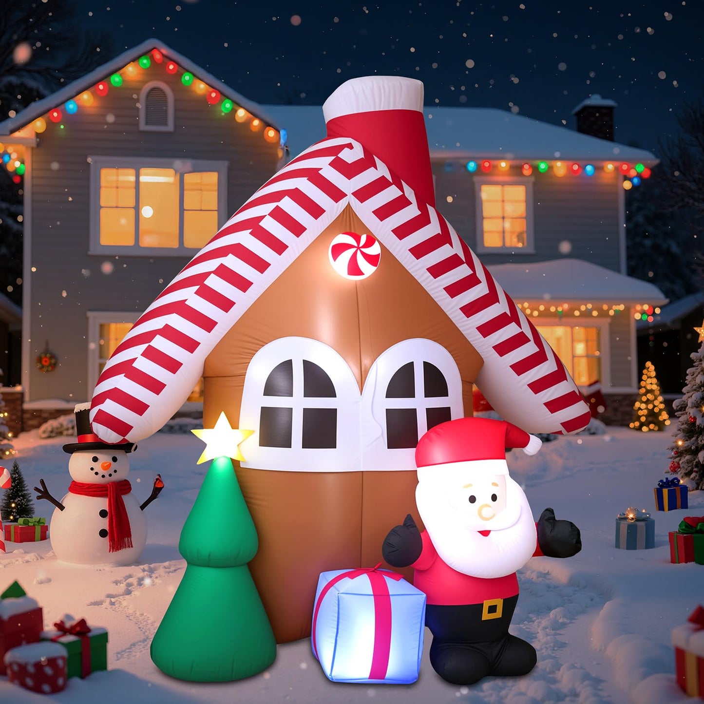 7 FT Christmas Inflatable Candy House with Santa Claus, Tree & Gift Box, Built-in LED Lights, Outdoor Blow Up Yard Decoration for Holiday Lawn Garden Party