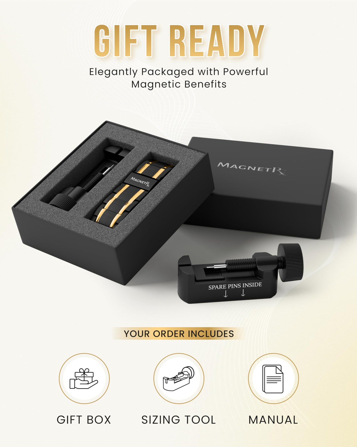 MagnetRX® 3X Strength Titanium Magnetic Bracelet – Magnetic Bracelets for Men – Premium Fold-Over Clasp and Adjustable Length with Sizing Tool (Black/Gold)