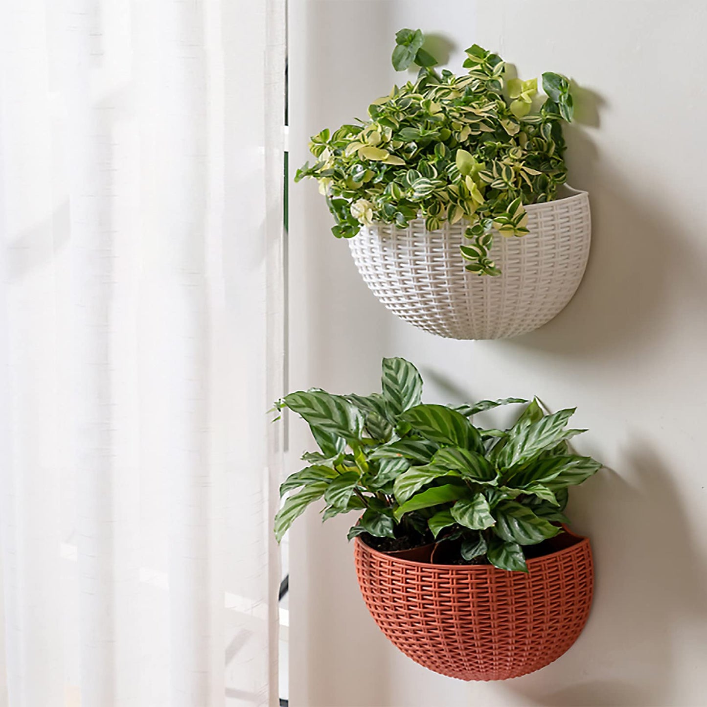 Hanging Planter Pot, Wall and Railing Hanging Planters with S Hooks, Half Round Imitation Rattan European Style Wall Flowerpot Rustic Decorative Flower Basket for Home Balcony(#26 * 20.5cm Wine red)