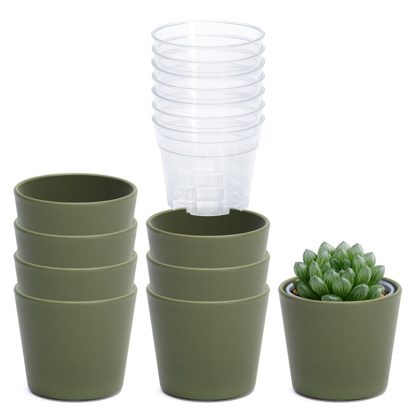 Phoenix Vine 3.5 Inch Olive Plastic Cachepot with Clear Nursery Pot, Decorative Lightweight Planter Cover with Transparent Inner Pot for Indoor Houseplants, Pack of 8, 24-A-F-8