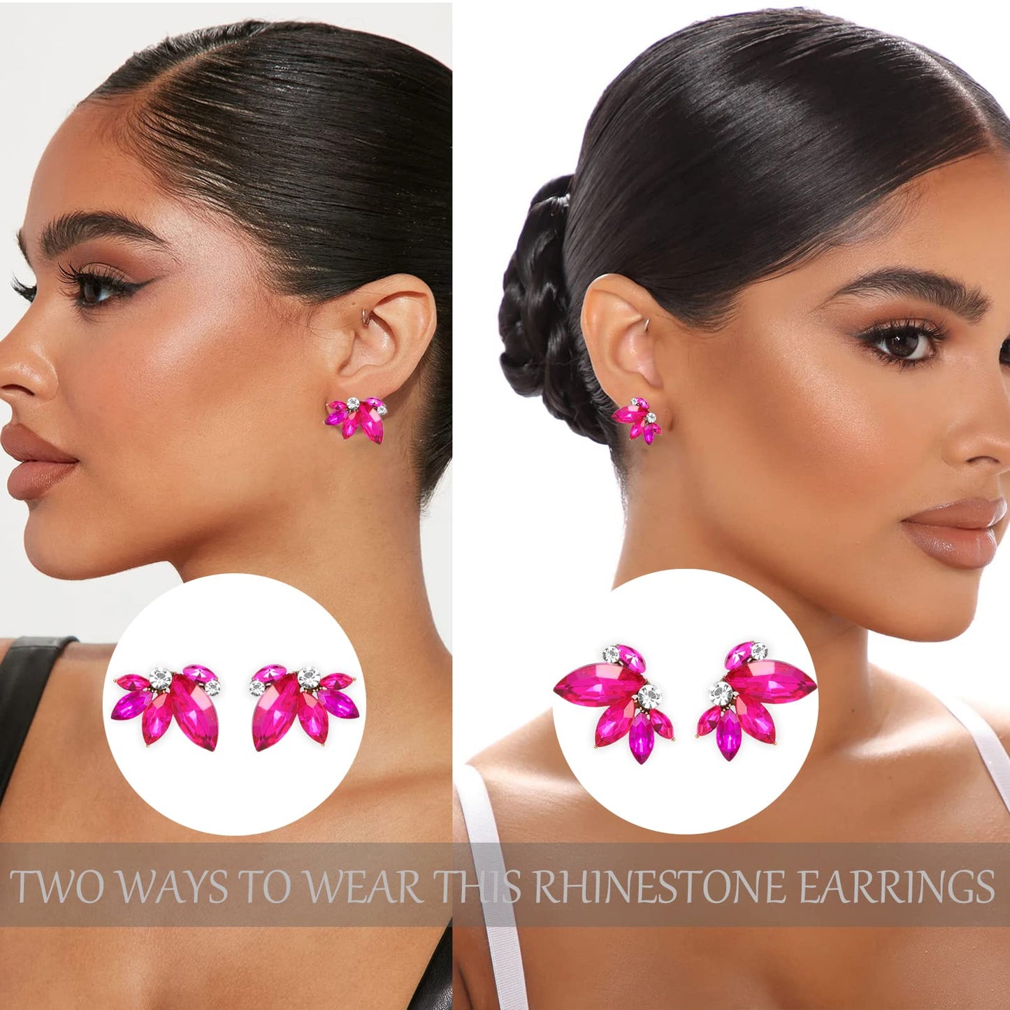Hot Pink Rhinestone Earring Sparkly Fuchsia Faux Crystal Stud Earrings for Women Wedding Prom Party