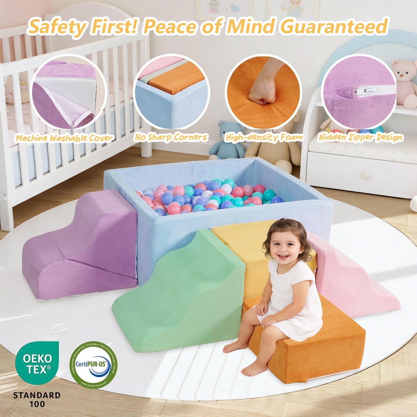 STAOLENE Climbing Toys for Toddlers, 7-Piece Foam Climbing Blocks with Ball Pit, Indoor Soft Play Set for Baby & Toddlers to Crawl, Climb, Motor Skills Development (Balls Not Included)