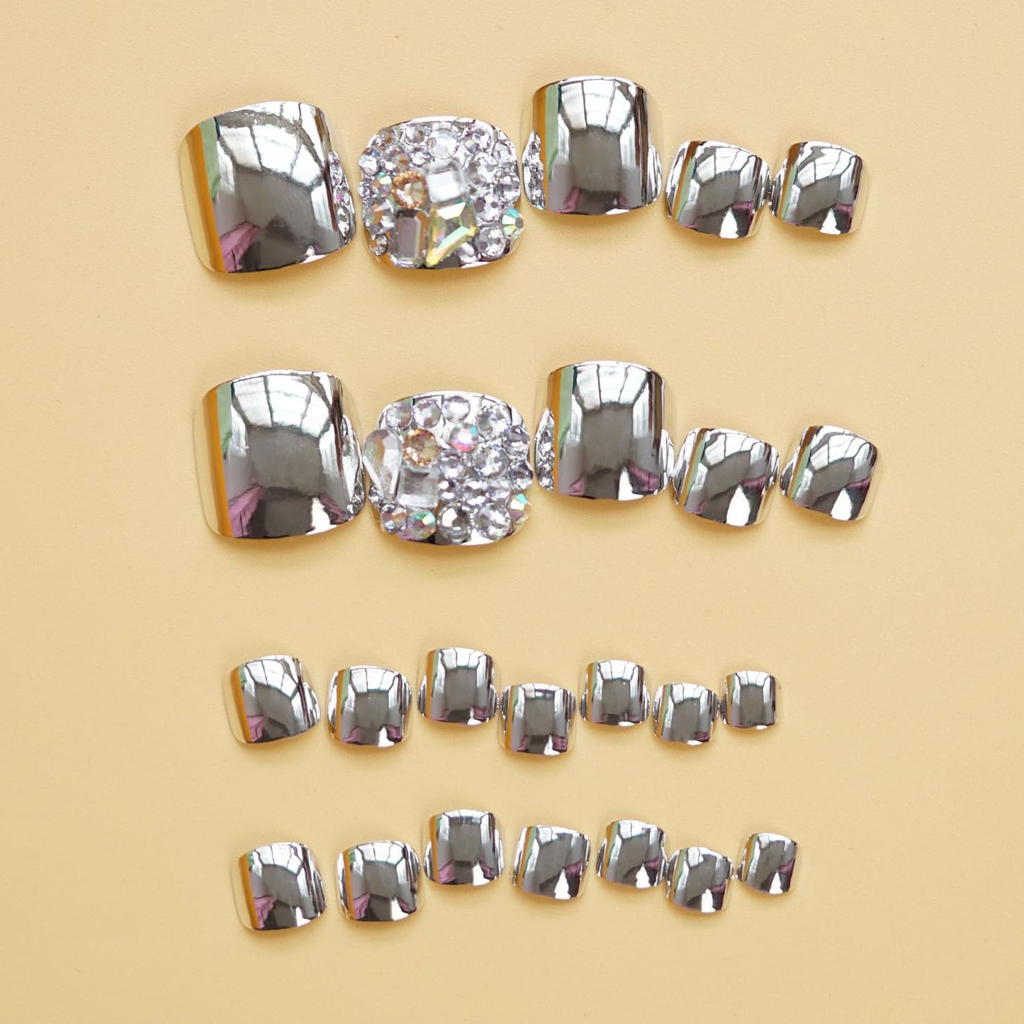Glitter Silver False Toenail Sets - Press on Coffin Nails with Rhinestone Designs, Full Cover Artificial Acrylic Fake Nails, Stick on Toe Nails with Charm for Women