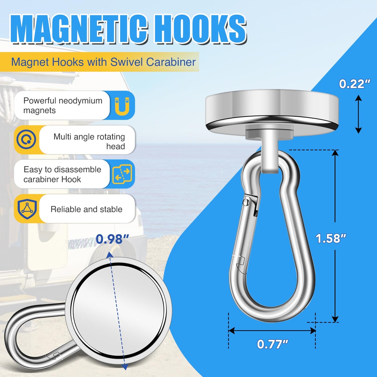 VSKIZ Magnetic Hooks,70Lbs Heavy Duty Magnetic Hooks with Swivel Carabiner for Cruise Cabins,6 Pack Extral Strong Neodymium Magnet Hooks Metal Magnetic Hanger for Toolbox, Grill, Fridge-25MM