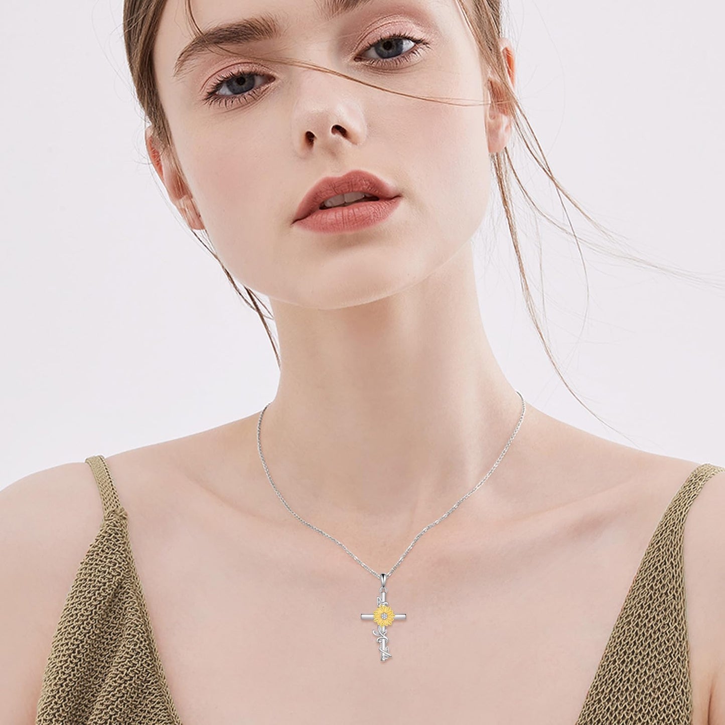 SHEAISRS Women's Sunflower Cross Necklace 925 Sterling Silver Delicate Sunflower Pendant for Women(Sunflower)