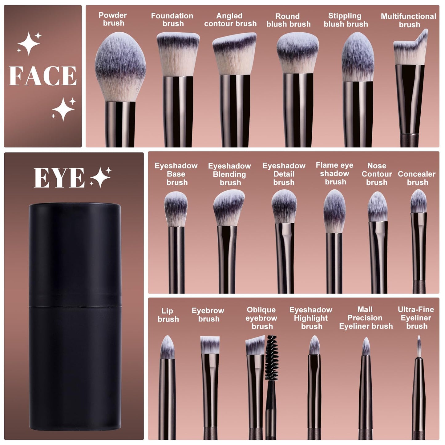 BS-MALL Makeup Brush Set 18 Pcs Premium Synthetic Foundation Powder Concealers Eye shadows Blush Makeup Brushes with black case (Coffee)