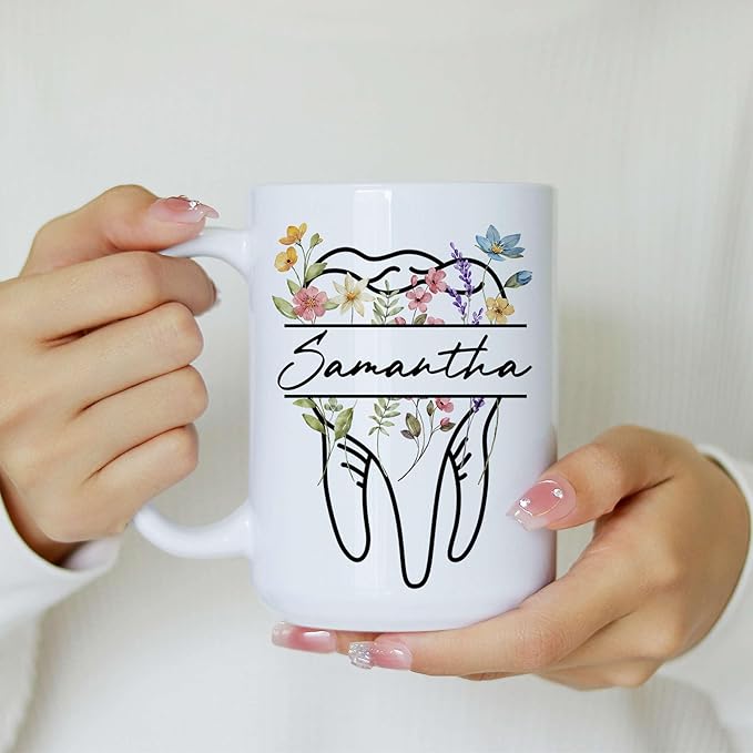Personalized Floral Dentist Dental Hygiene Mug - Dental Assistant Mug - Dental Nurse Orthodontics Graduation Gift - Dentist Custom Name 11Oz 15Oz (DENTAL-FLORAL-M4)