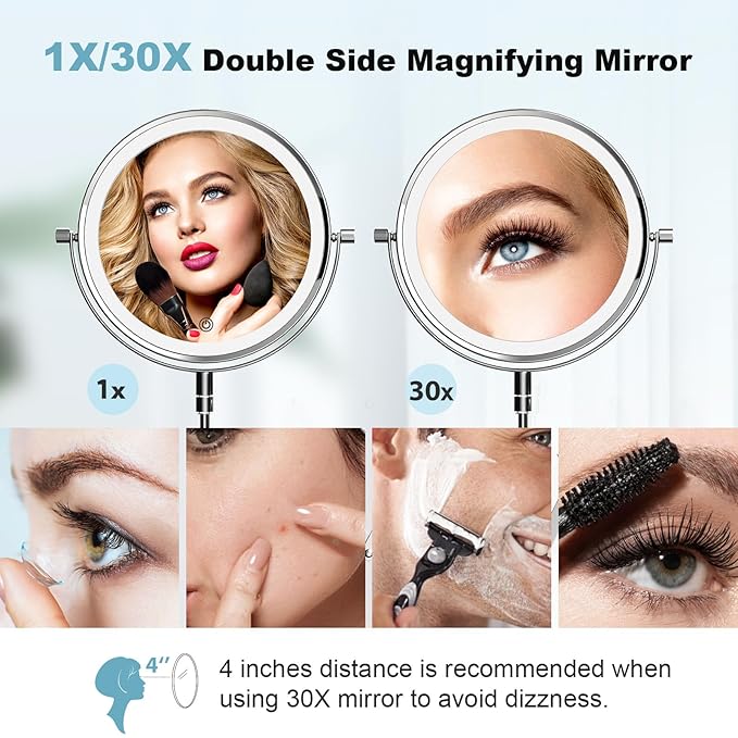 Rechargeable Wall Mounted Makeup Mirror - 8 Inch Double Sided 1X/30X Magnifying Mirror with 3 Color Lights Dimmable Touch Screen, 360°Swivel 19.6 Inch Extendable Accordion Bathroom Mirror - Chrome