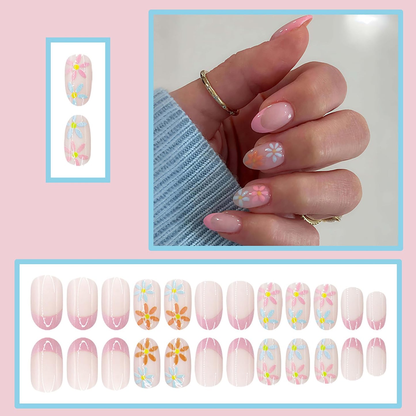24Pcs Short Press On Nails Almond Fake Nails French Tip False Nails With Cute Flowers Designs Spring Summer Nails Press Ons Full Cover Glue On Nails Glossy Stick On Nails For Women