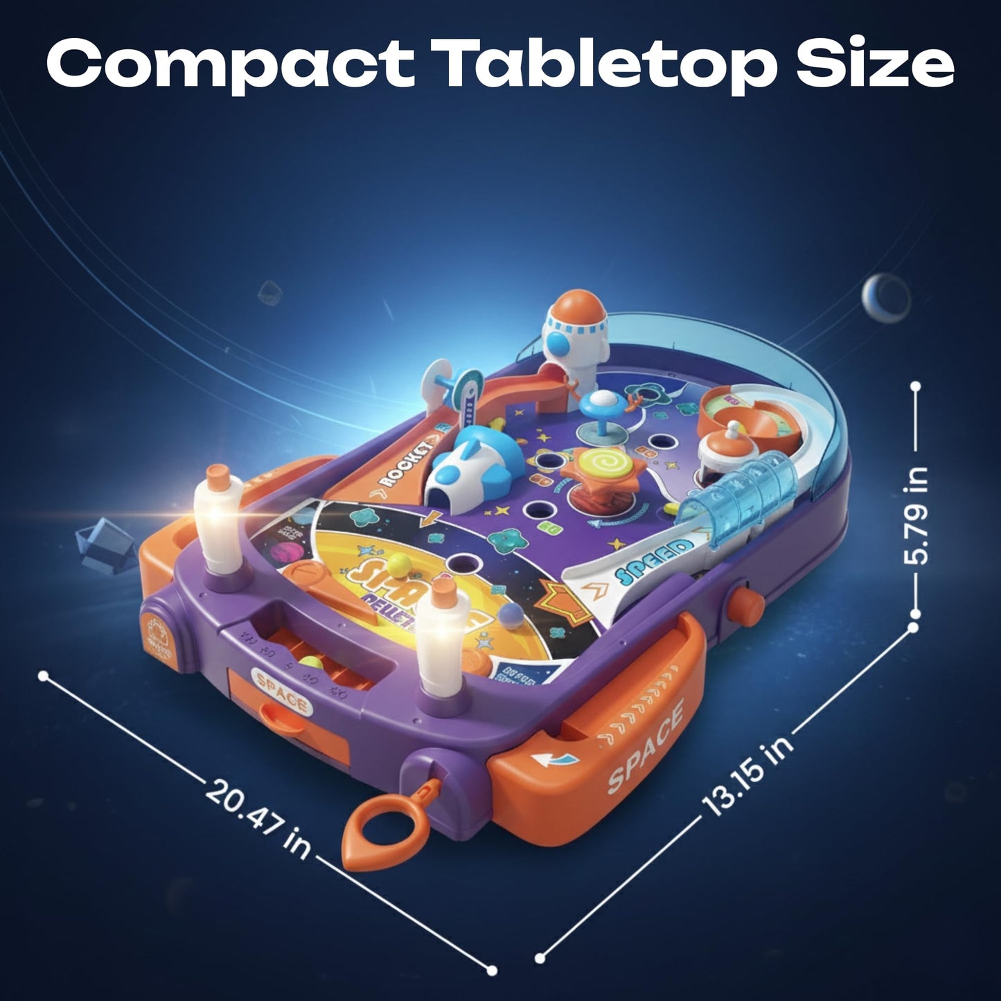 OLEOCA Tabletop Pinball Machine - Space Mini Arcade Game with Sound & Light, Pull-Back Launcher, Flippers, Carry Handle, Suction Cup Feet, Games for Kids Ages 3+