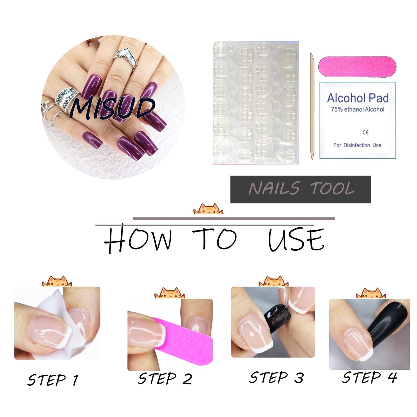 MISUD Press on Nails - Medium Square Fake Nails with Chrome, Acrylic Purple Design 24 pcs